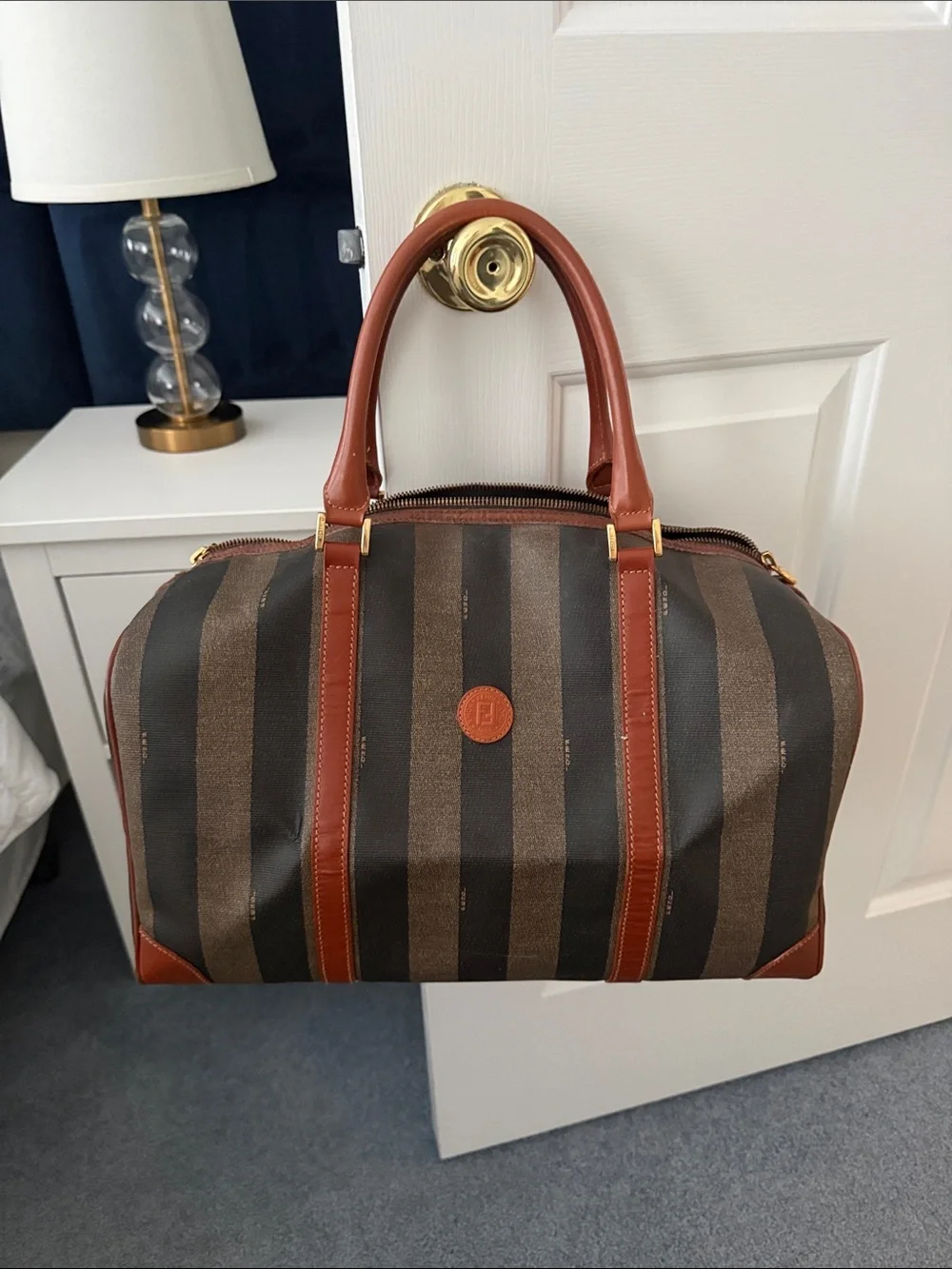 Fendi Vintage Pequin Brown & Dark Brown Striped Canvas Duffel with Leather Trim
